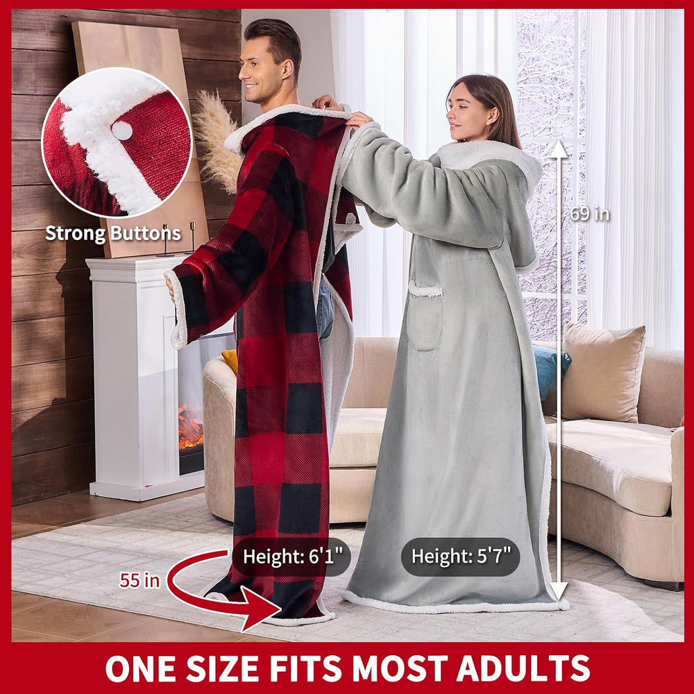 IFNOW Sherpa Wearable Blanket with Sleeves, Oversized Snuggle Robe, Grey
