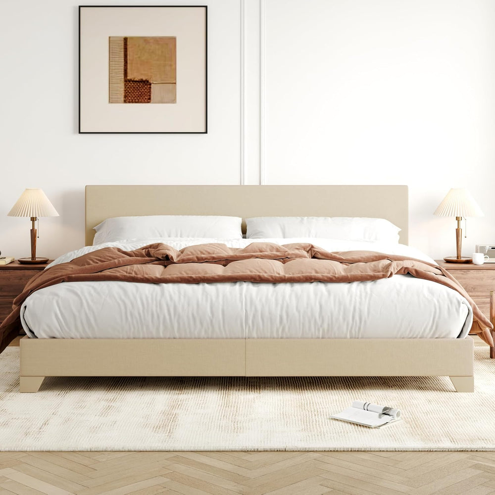 Allewie King Size Upholstered Bed Frame Adjustable Headboard, Beige