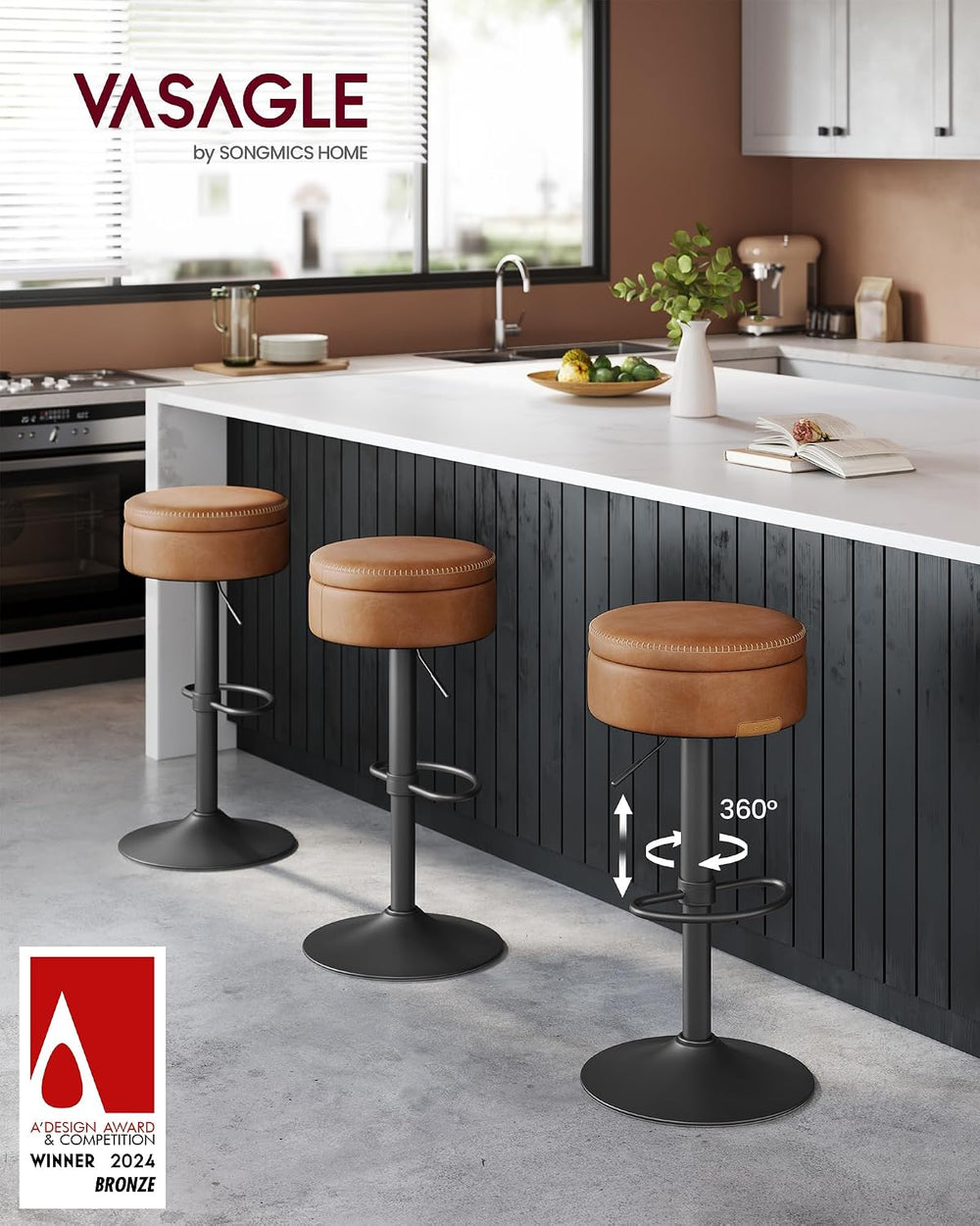 VASAGLE 360° Swivel Bar Stools Set of 3, Height Adjustable, with Storage