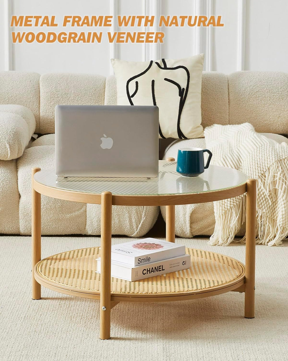 COSVALVE 27.5" Boho Rattan Coffee Table, Round Glass Metal Center Table