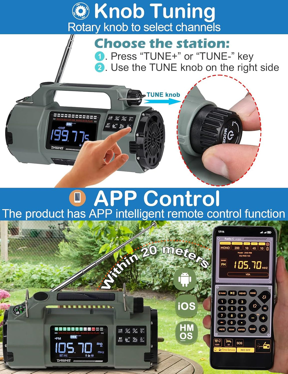 ZHIWHIS Emergency Radio with Bluetooth, Multi-Function Portable Radios with L...