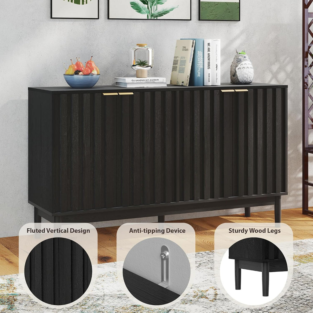 Otterease 55" Fluted Buffet Cabinet with Storage, Accent Cabinets, Black