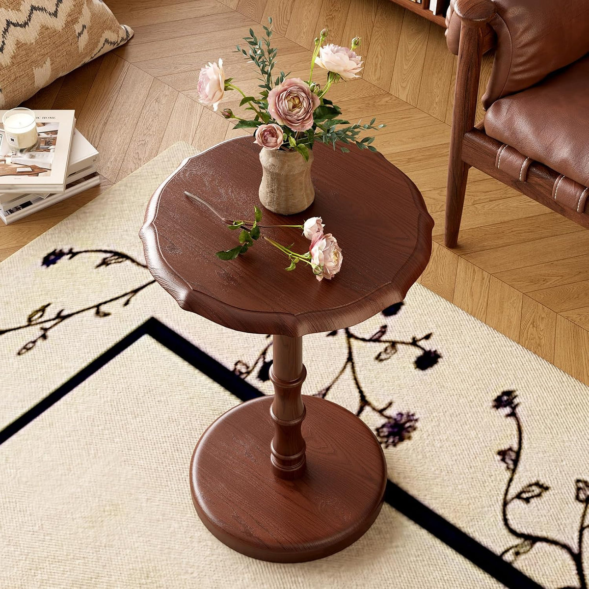 Vintage Pedestal Side Table, 100% Solid Wood Round End Table, Walnut | Small Accent Drink Tables, Portable Nightstand, for Couch, Living Room, Bedroom, Mid-Century Modern, 5-Min Tool-Free Assembly