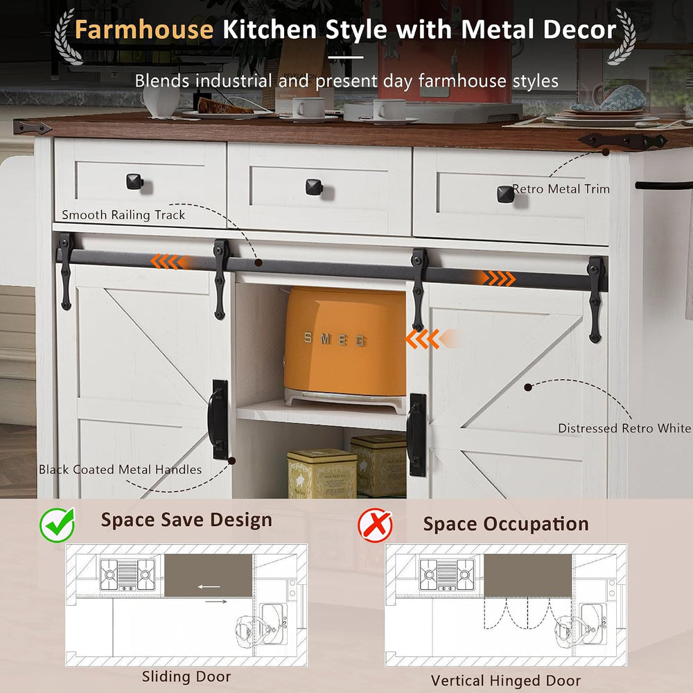 53.7" Farmhouse Kitchen Island with Sliding Barn Doors, White