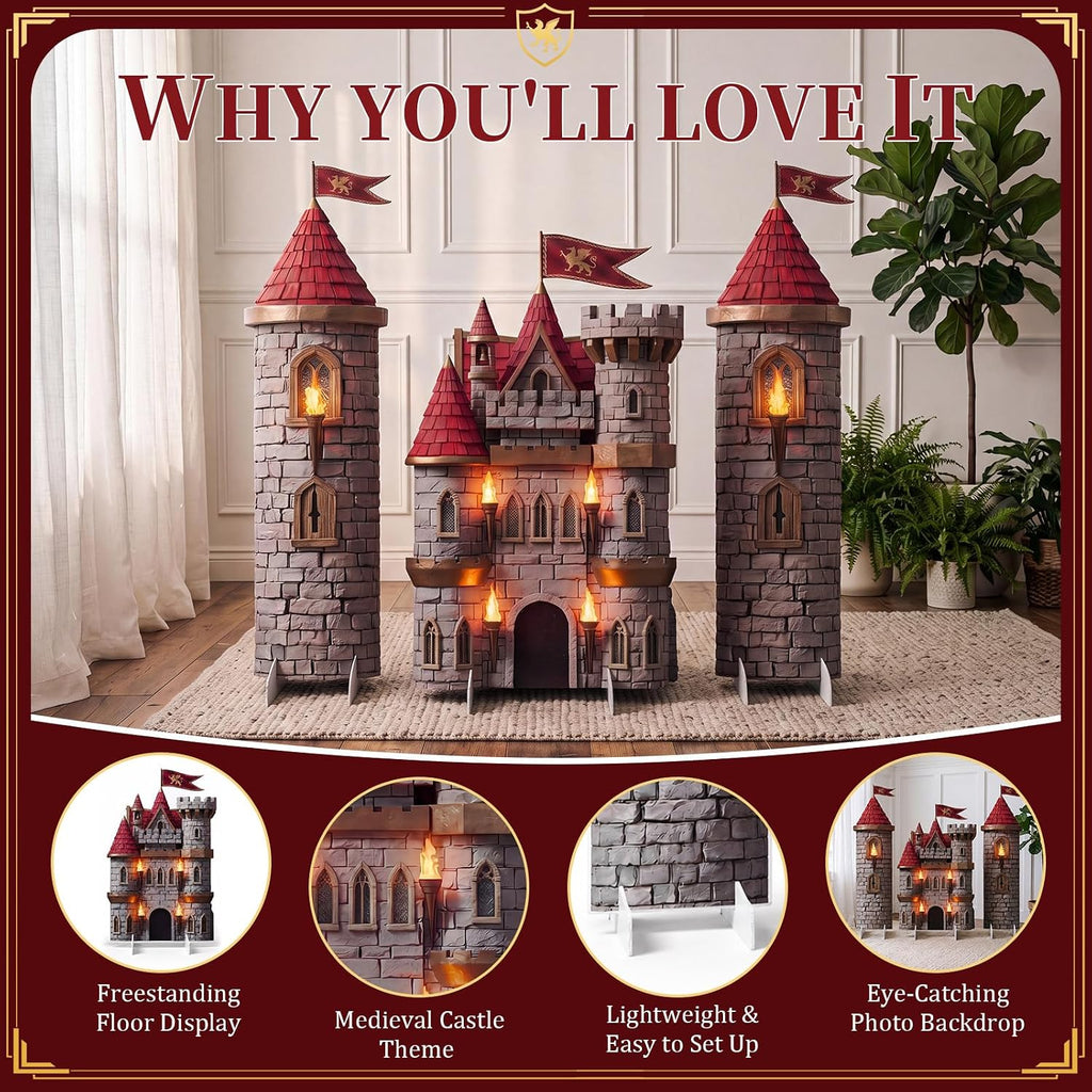 Novabright 3 Pcs Medieval Castle Backdrop Stand with Bases, Large Stone Knight and Castle Party Decorations, Freestanding Corrugated Plastic Photo Booth Props for Birthday Halloween Dragon Party