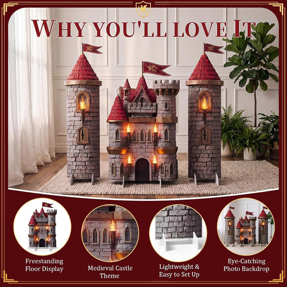 Novabright 3 Pcs Medieval Castle Backdrop Stand with Bases, Large Stone Knight and Castle Party Decorations, Freestanding Corrugated Plastic Photo Booth Props for Birthday Halloween Dragon Party