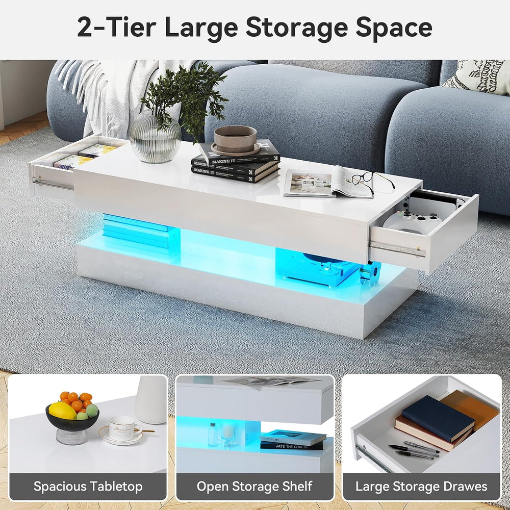 Verano Garden 47" High Gloss LED Coffee Table, Large Storage Center Table