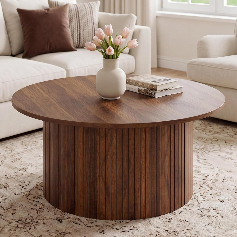 Garvee 31.5" Round Coffee Table, Small Coffee Table with Fluted, Walnut
