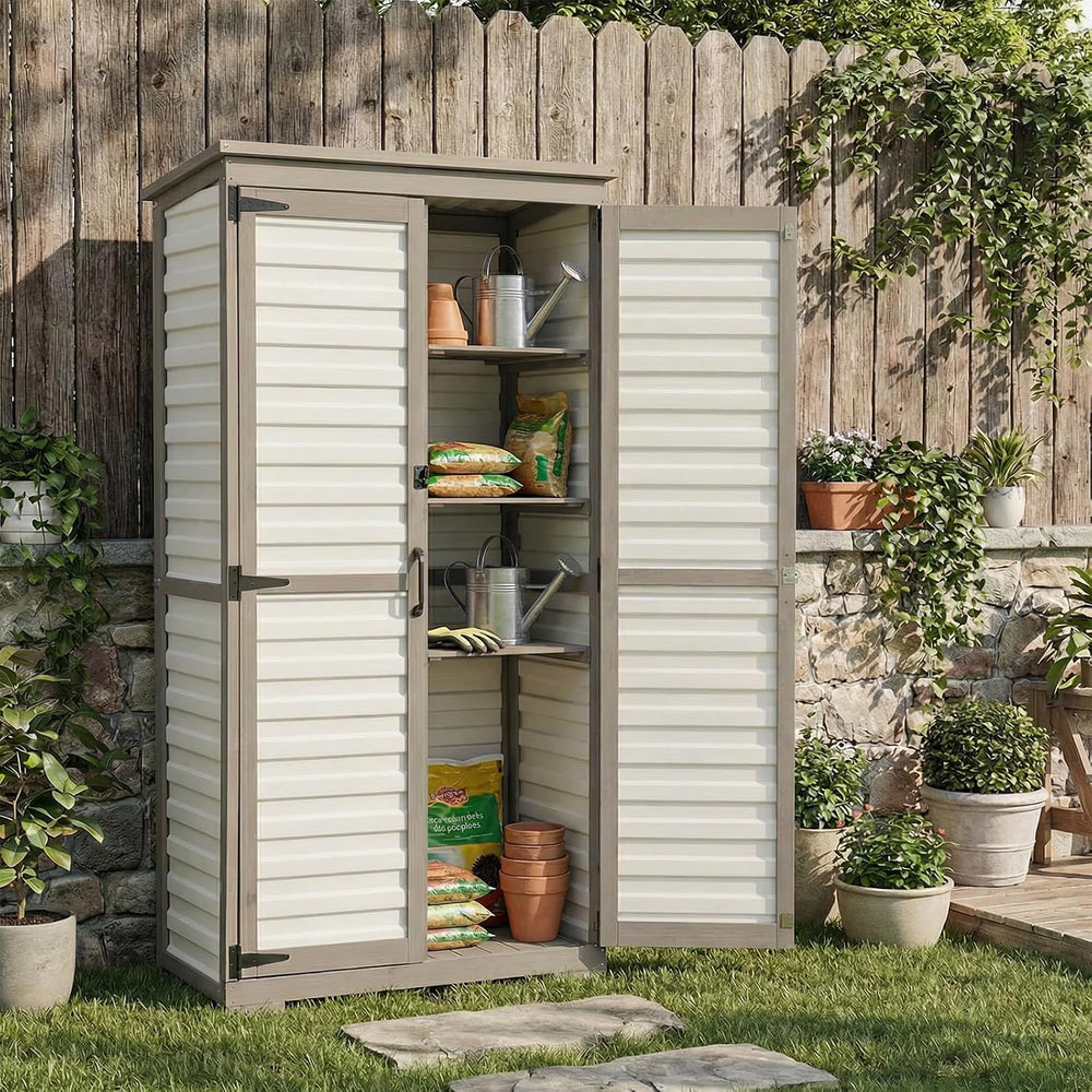 PetsCosset Outdoor Storage Cabinet with Shelves, Wood & Plastic Garden Sh...