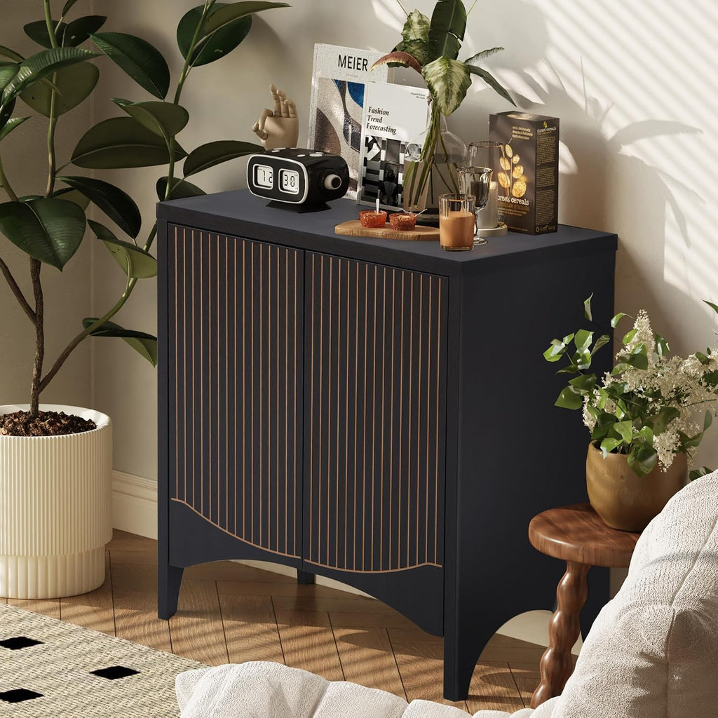 FurSch Fluted Sideboard Cabinet with Storage,Buffet Cabinet with Adjustable Shelves,Accent Storage Cabinets with Carved Arc Door Kitchen Dining Living Room (Arch Black, 2 Doors)