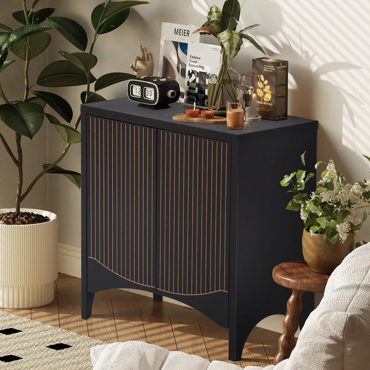 FurSch Fluted Sideboard Cabinet with Storage,Buffet Cabinet with Adjustable Shelves,Accent Storage Cabinets with Carved Arc Door Kitchen Dining Living Room (Arch Black, 2 Doors)