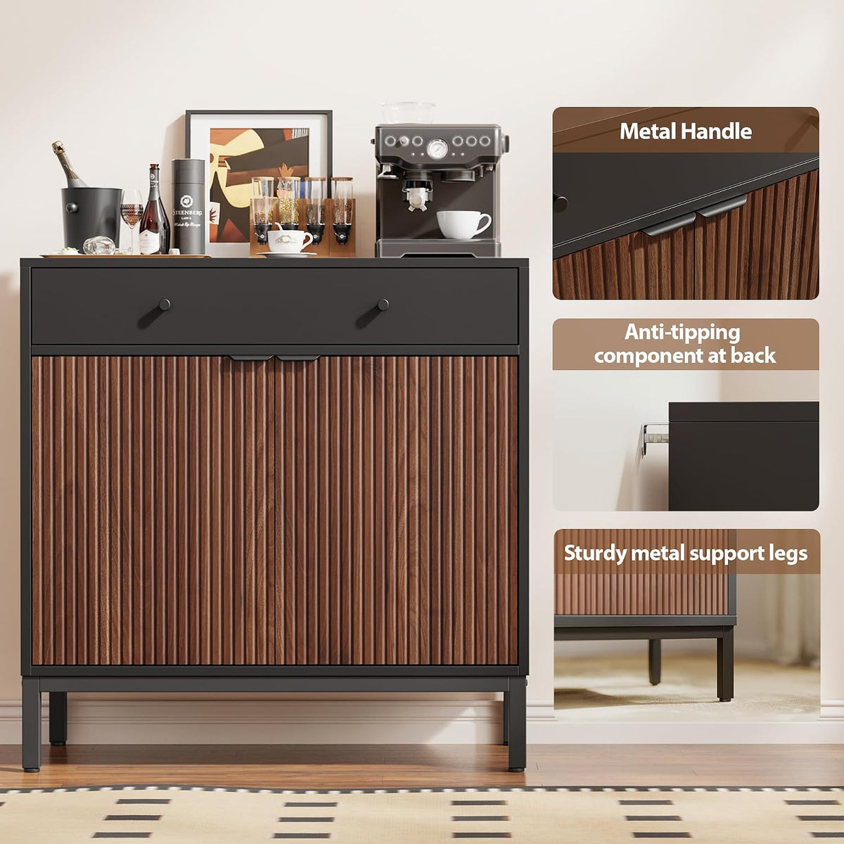 Mericonia Sideboard Buffet Cabinet Storage, Modern Console Fluted Credenza