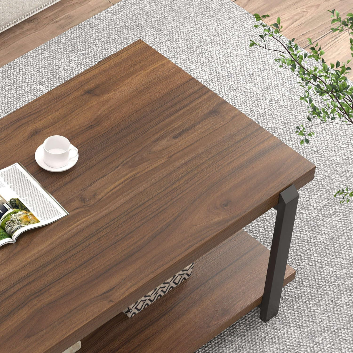 FOLUBAN Modern Coffee Table with Storage Shelf, Rustic Wood Center Table for Living Room, Walnut