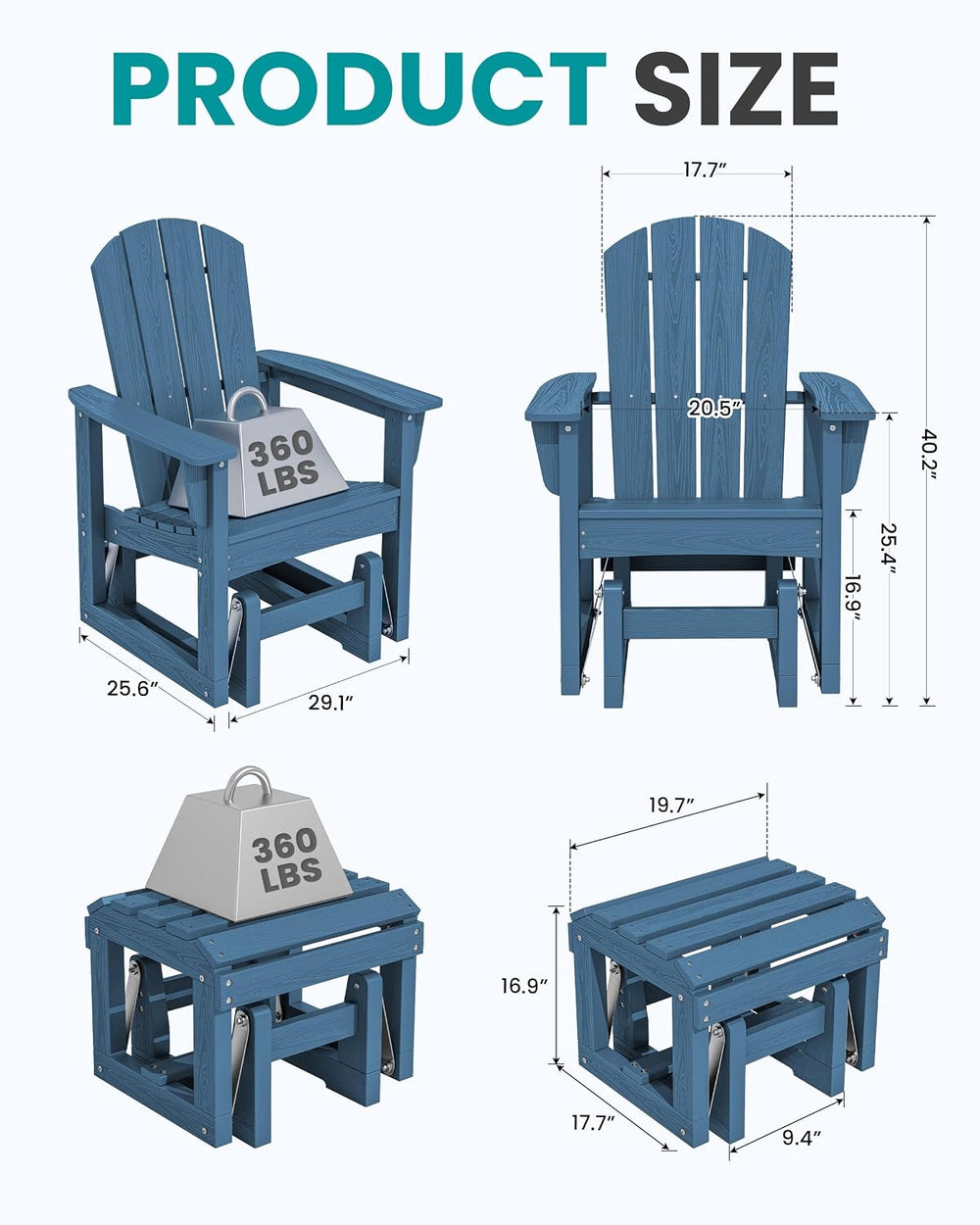 SERWALL HDPE Outdoor Glider with Ottoman Set of 2, All-Weather Patio Glider