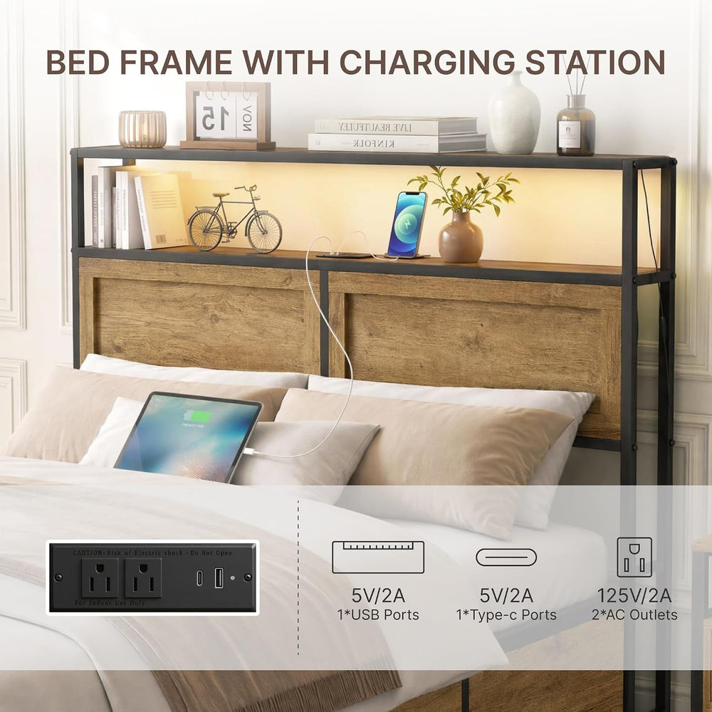 KISLOT 3PCS Bedroom Set with Storage, Industrial Bed Frame, Natural, King