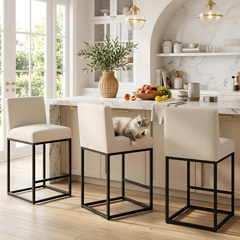 HNY Modern Counter Height Bar Stools Set of 3, 27 Inch Cream Linen Barstool