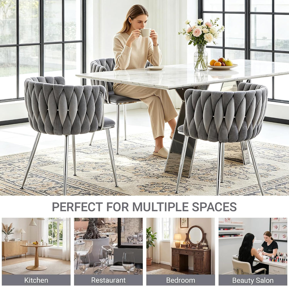 Velvet Dining Chairs Set of 6, Woven Back,Gray