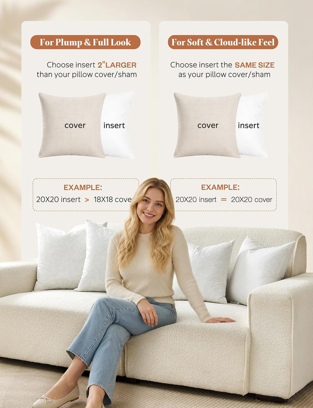 Organic Cotton Feather Down Throw Pillow Inserts 20x20 Set of 2