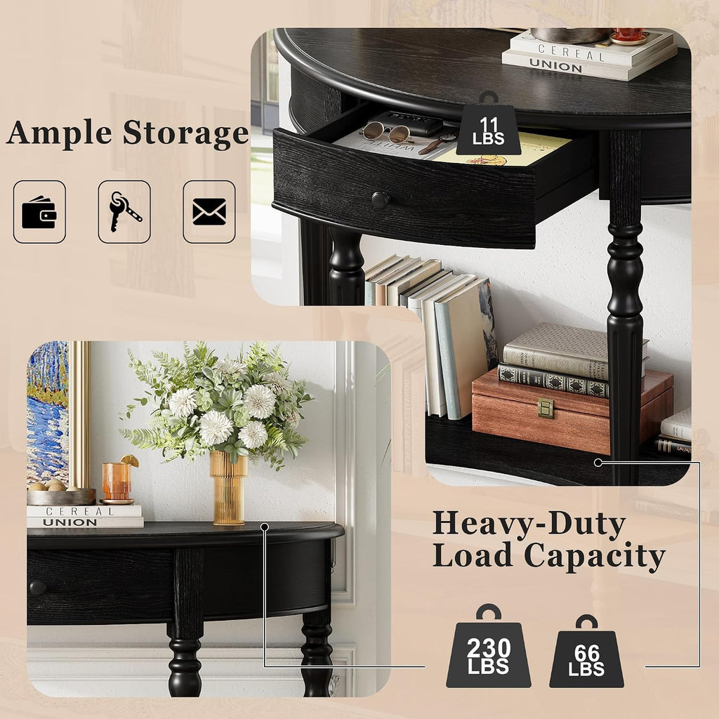 LUMISOL Half Moon Entryway Table with Drawer & Shelf, Black | Rustic Console Table for Entryway, Sofa Table Behind Couch, Farmhouse Accent Table