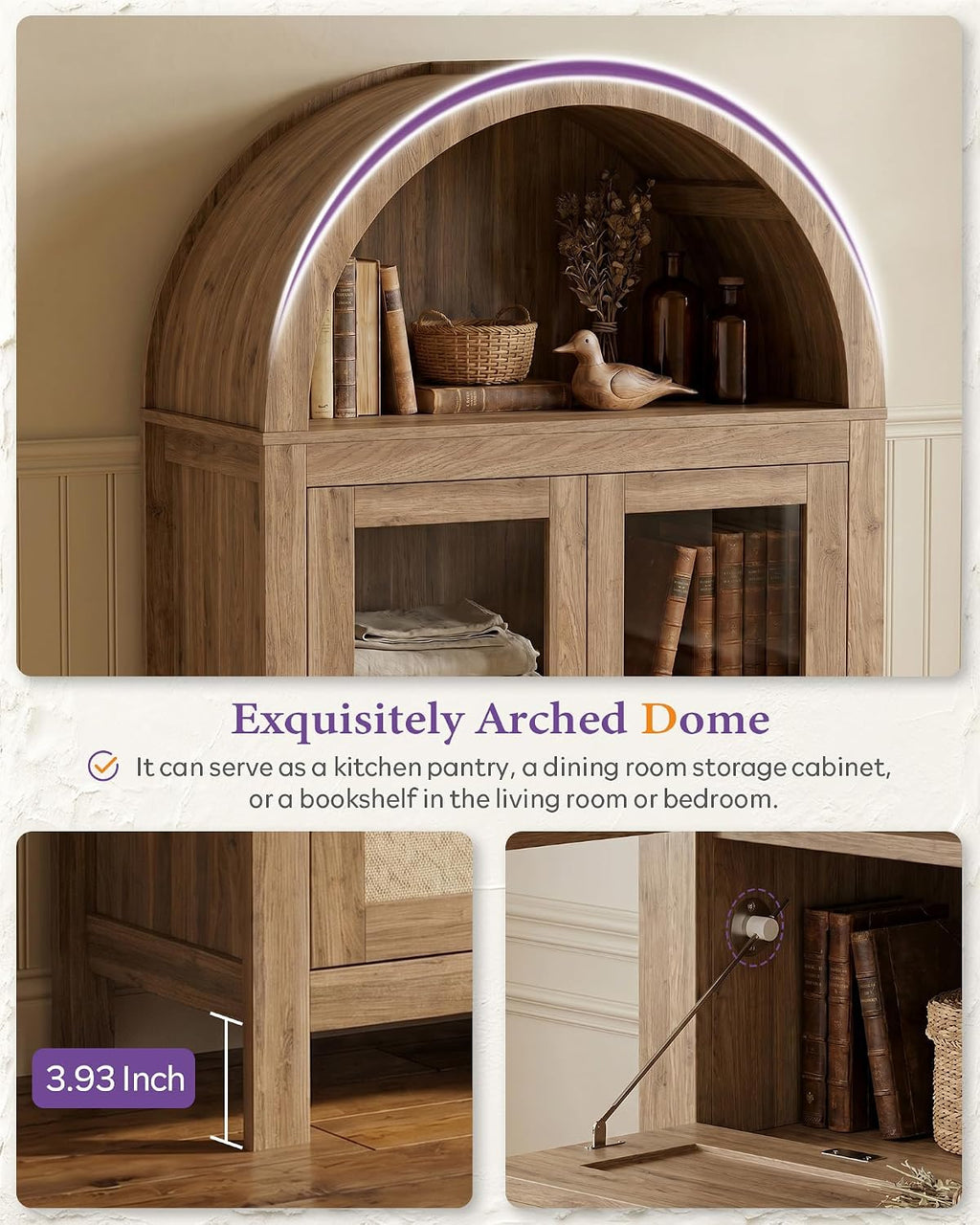 TYBOATLE 71'' Arched Pantry Cabinet with Glass Door for Kitchen Dining Room