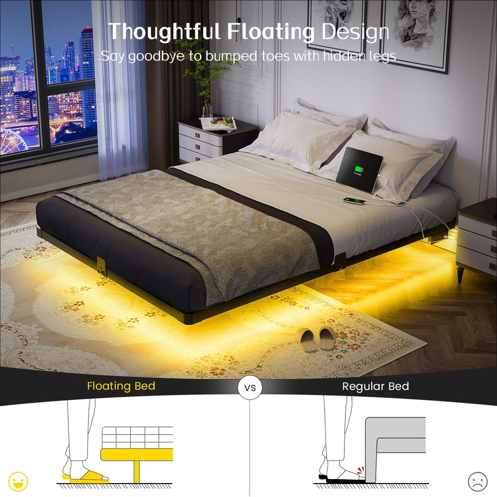 OLEVS Floating Bed Frame Full Size Metal with LED Light & Charging Station