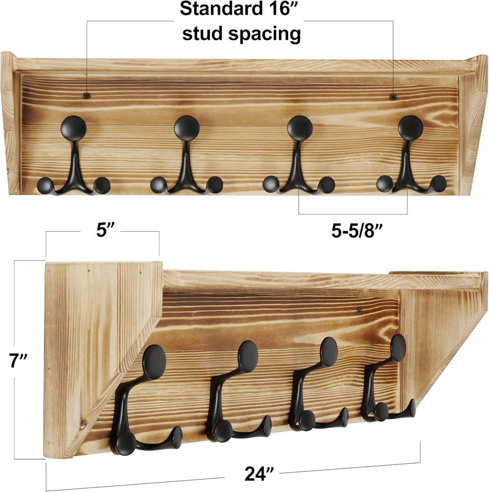 SKOLOO Wall Shelf with Hooks, 24-Inch Coat Rack Wall Mount with Shelf Organiz...