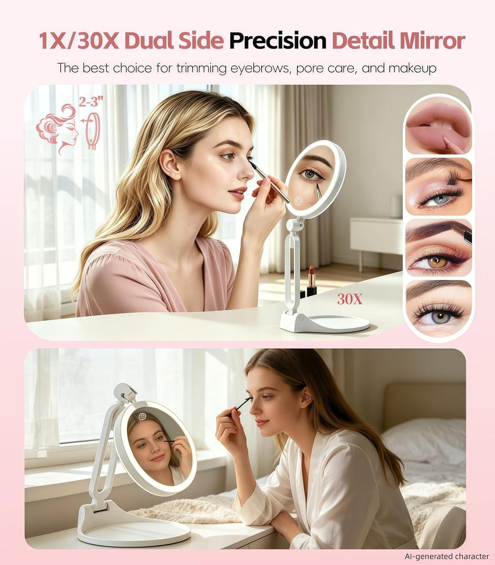 Travel Makeup Mirror with Lights 2026 New, 1X/30X Magnification Dual-Sided