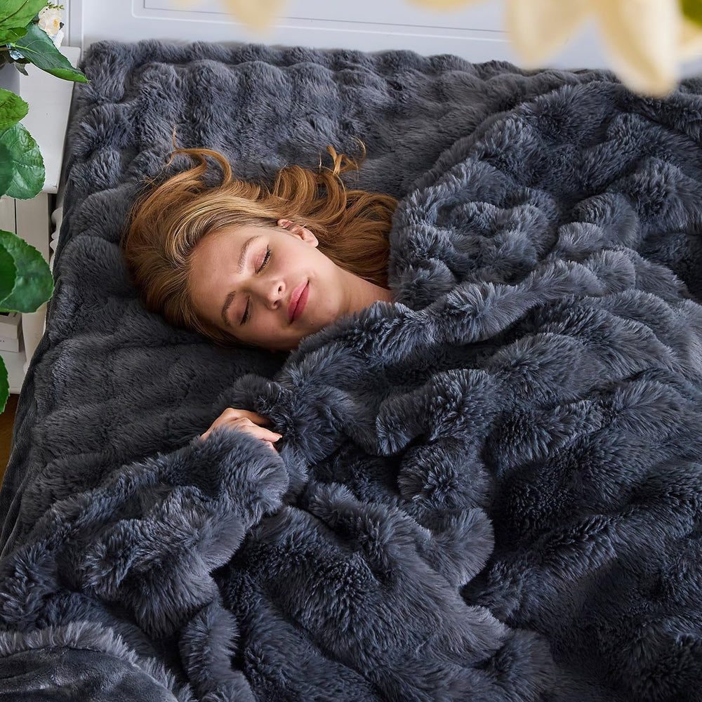 Lotus Karen Faux Fur Blanket Dark Gray Twin Size - Big Bubble Rabbit Fluff Th...