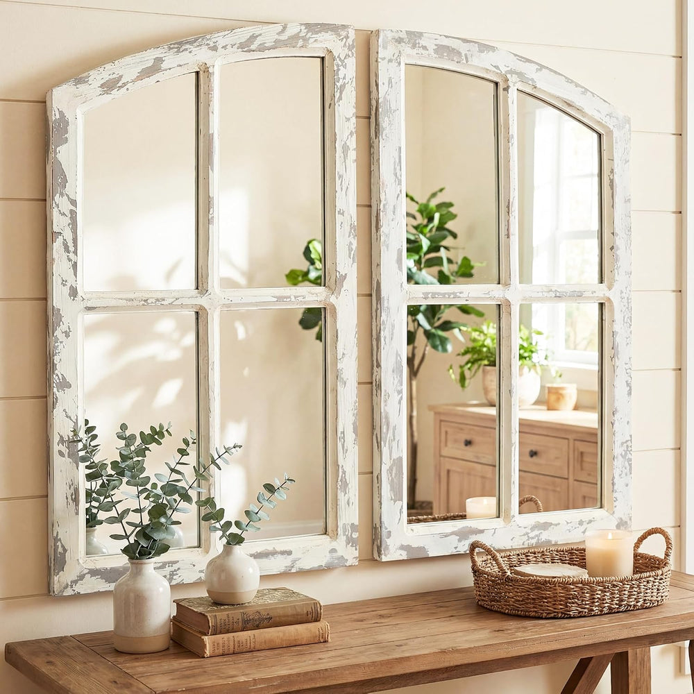 Flora Farmhouse Mirror, Decoration Wood Arch Window Wall Mounted Mirror