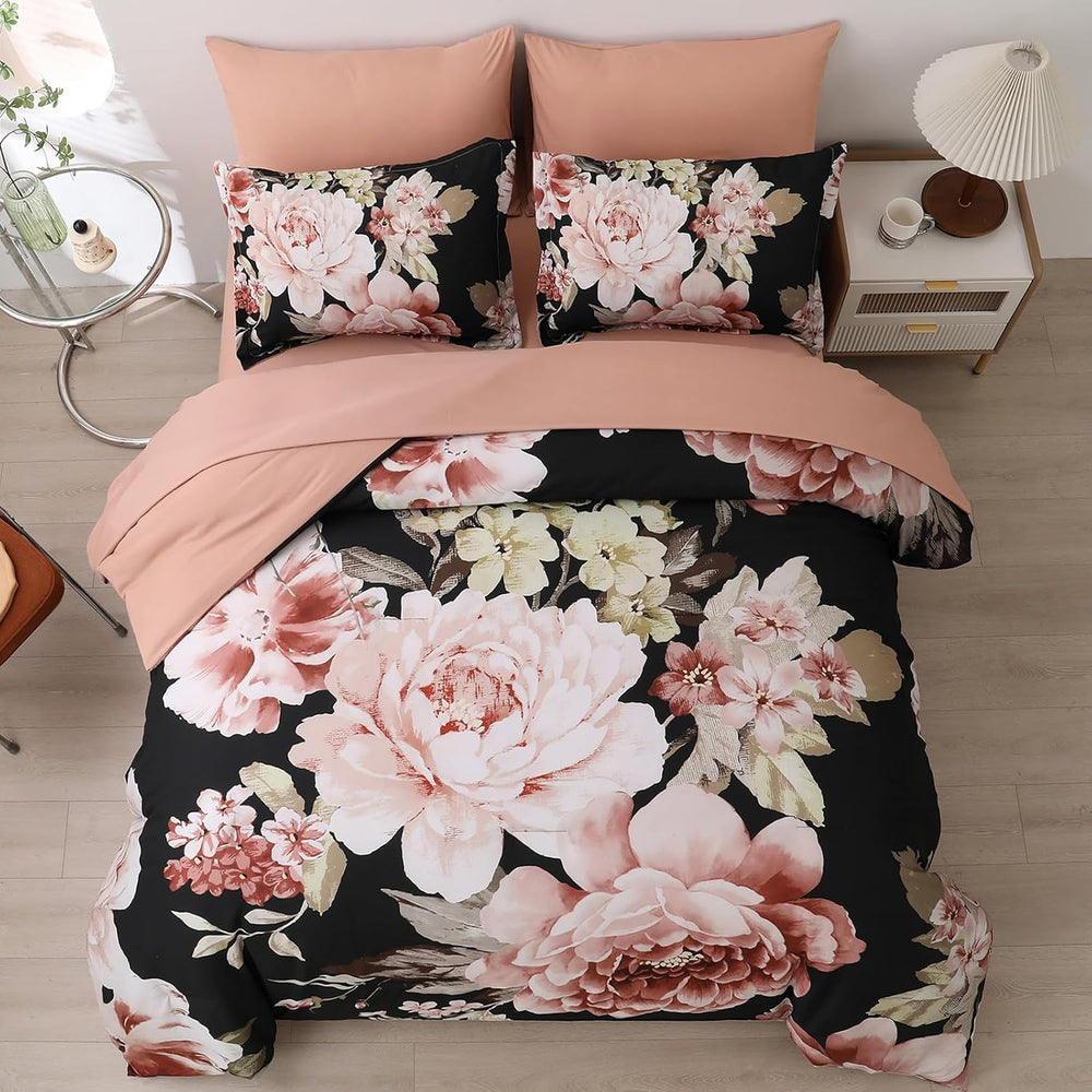 Floral Comforter Set California King Size, Black Pink Bed in a Bag
