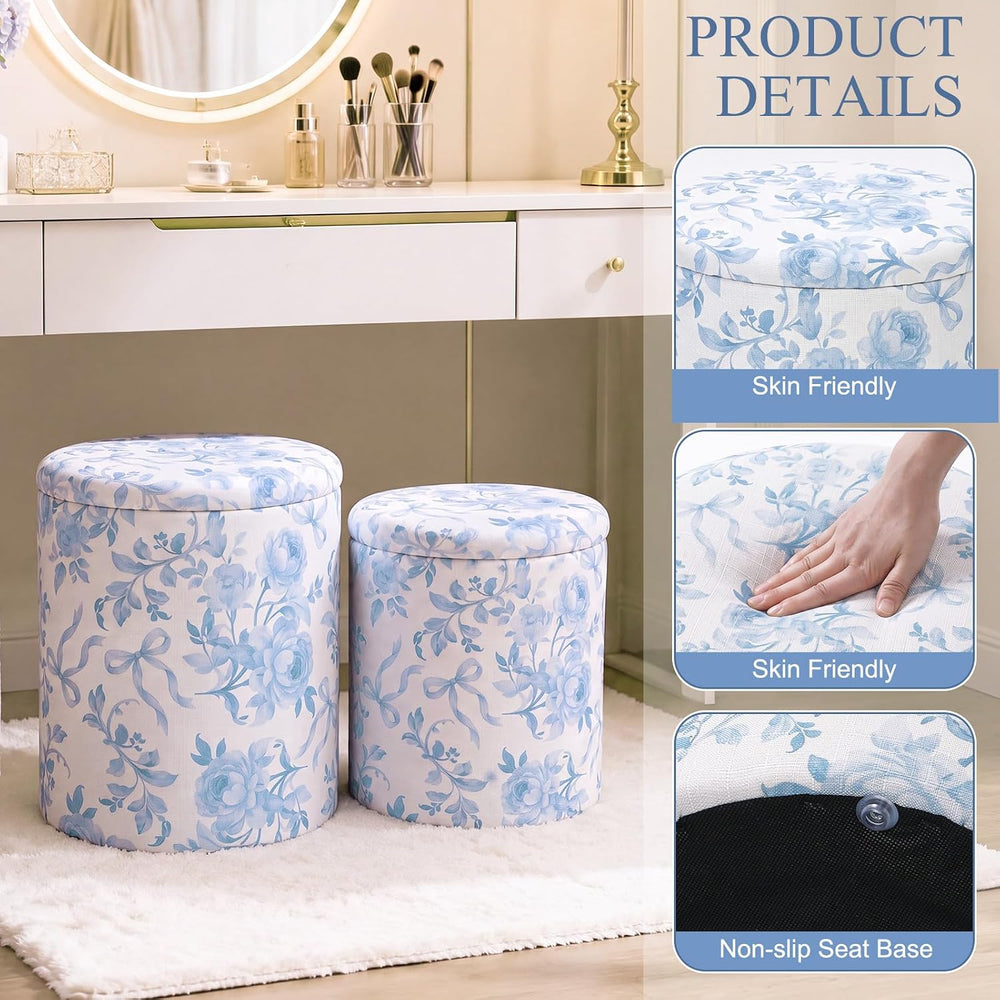 Geetery 2 Pcs Dorm Ottoman with Storage Blue Bow Floral Round Ottoman