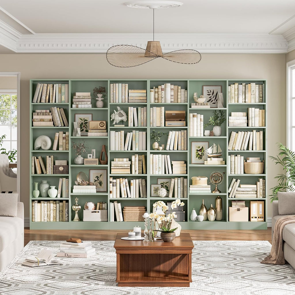 facbotall triple wide bookshelf, large bookshelf with 17 shown in use