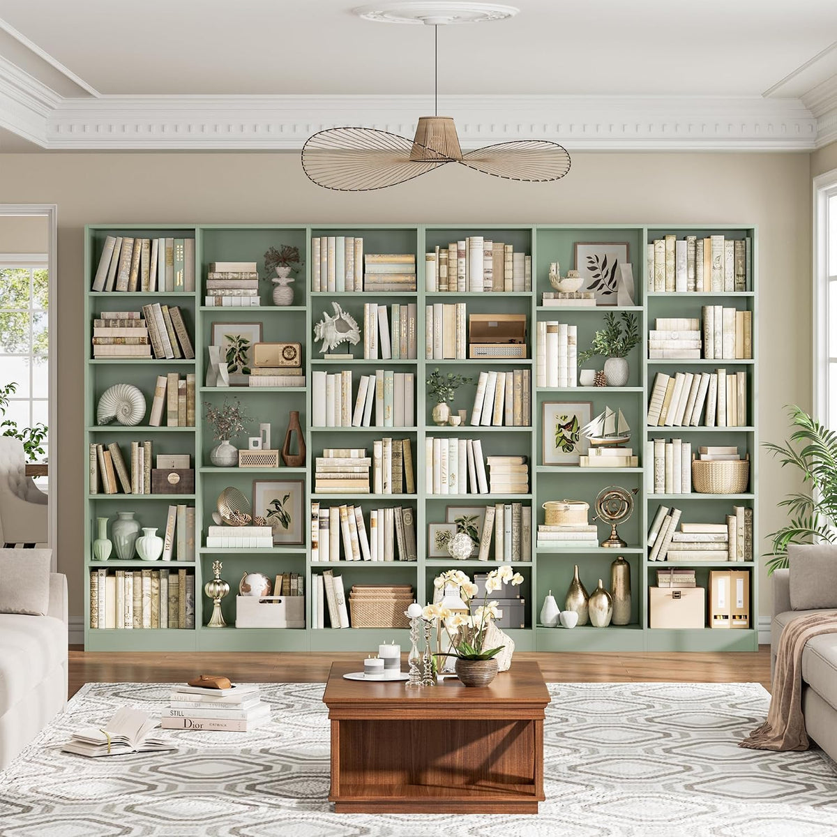 facbotall triple wide bookshelf, large bookshelf with 17 shown in use