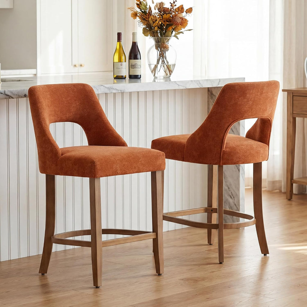 UVV Bar Stools Set of 2, Upholstered Counter Height Bar Stools, Modern Counter Stools with Wood Legs for Kitchen Island Dining Room Bar, Orange