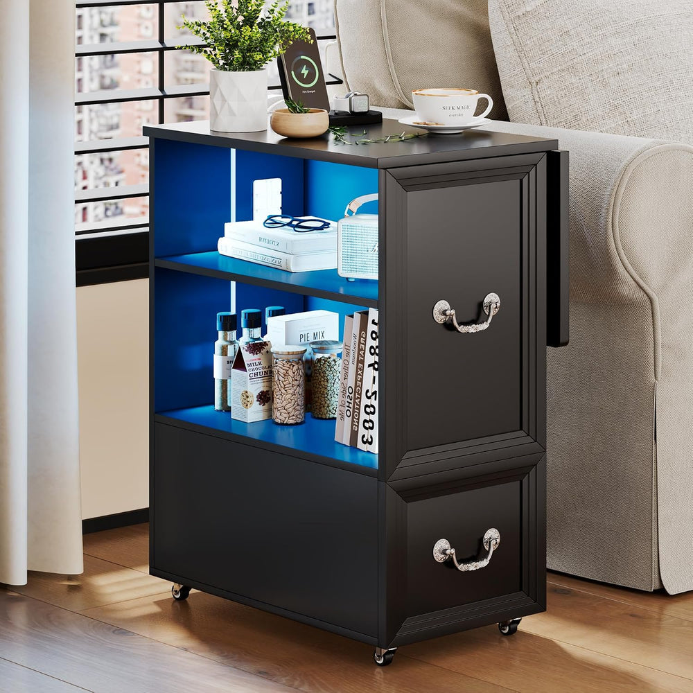 Lareth Rolling Side Table with Wheels, Led Lights & Charging Station