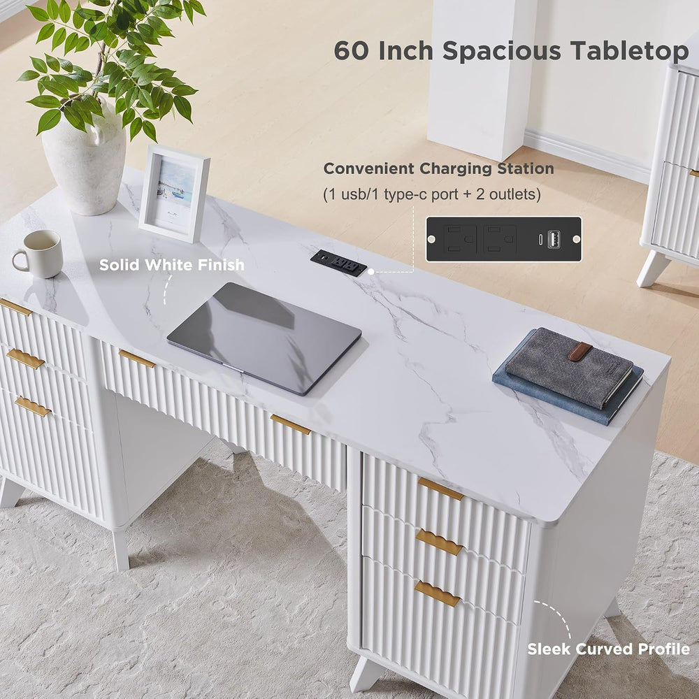 T4TREAM 60" Modern Fluted Executive Desk with Drawers, White