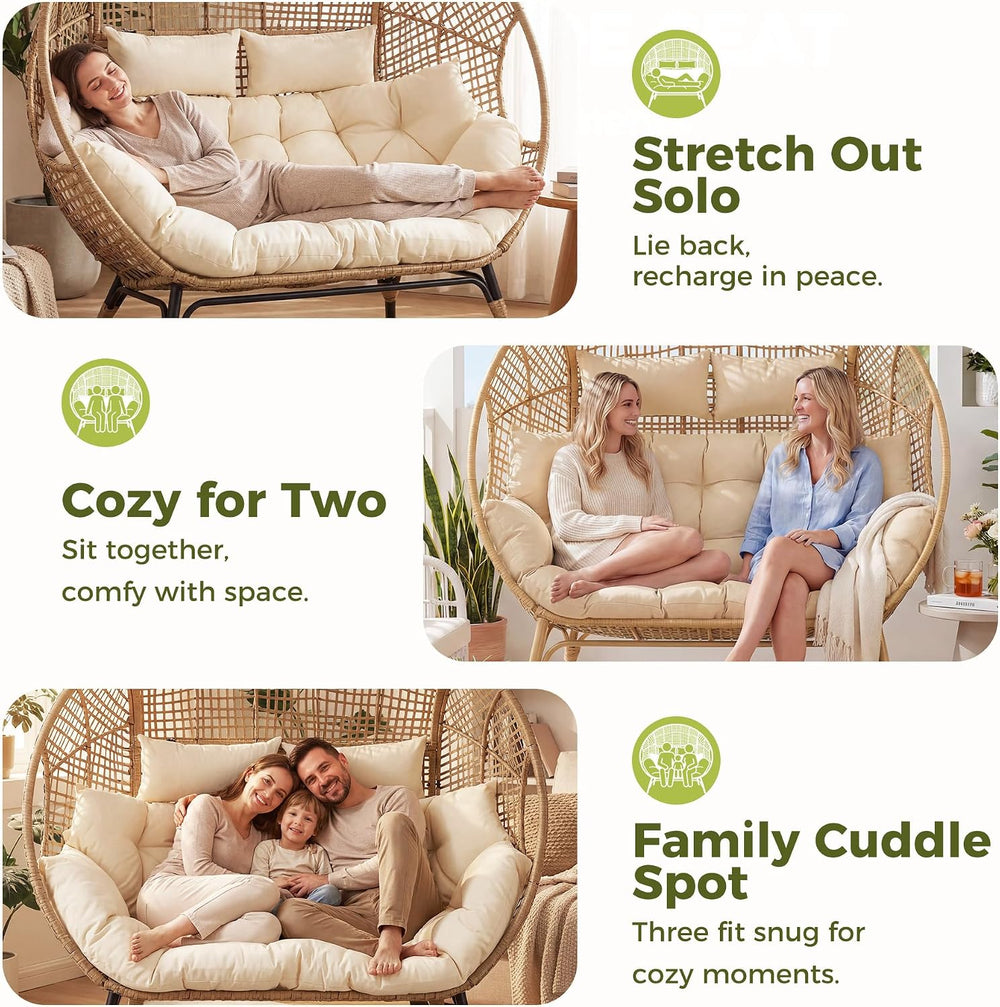 RADIATA Double Egg Chair with Ottoman, 2 Person Outdoor Wicker Loveseat
