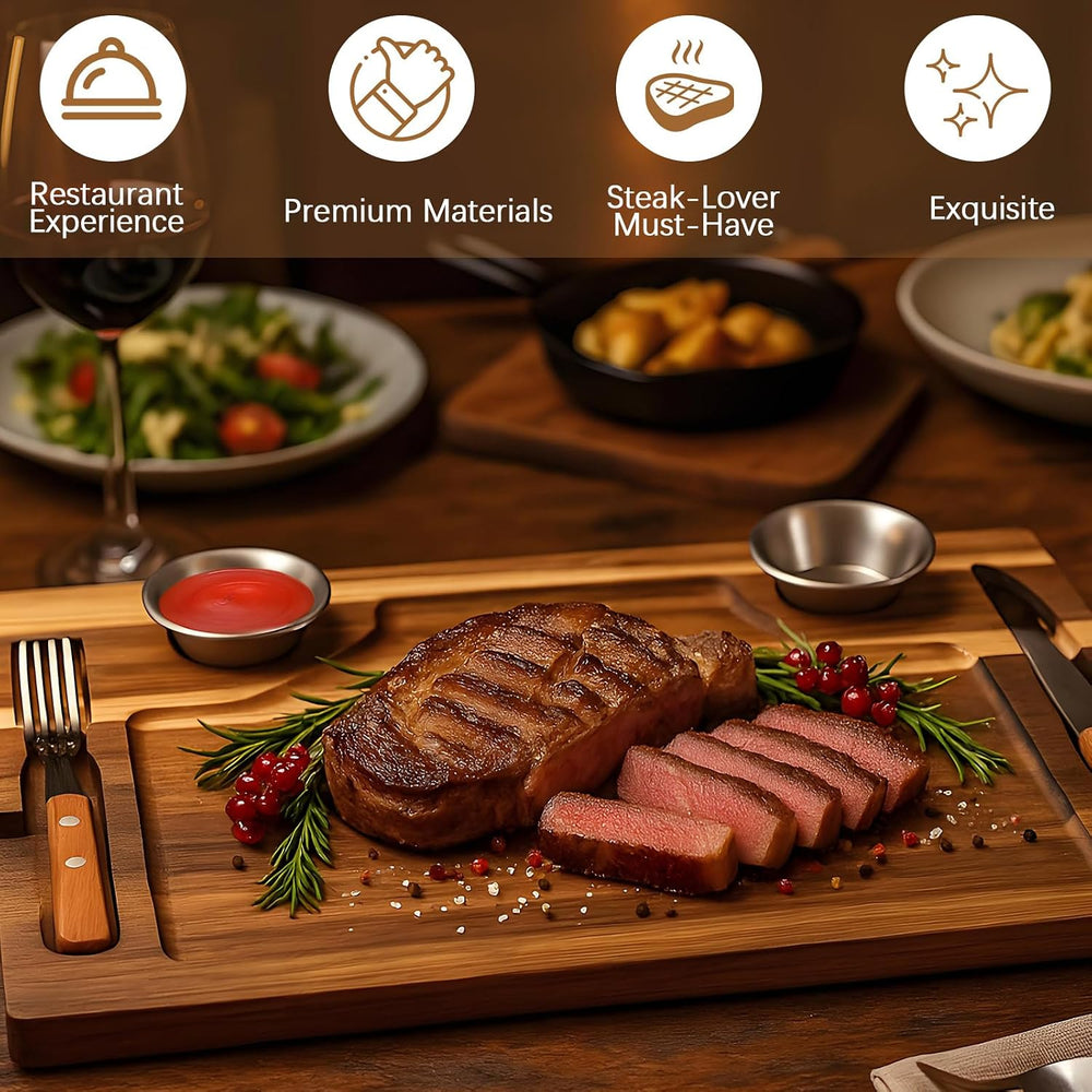 2 Set Acacia Wooden Steak Cutting Board with Fork, Knife and Sauce Cups