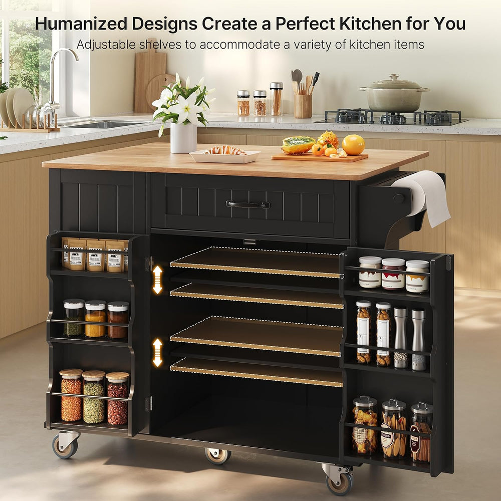 Ahomly Kitchen Island with Storage, Black, 44.49" W