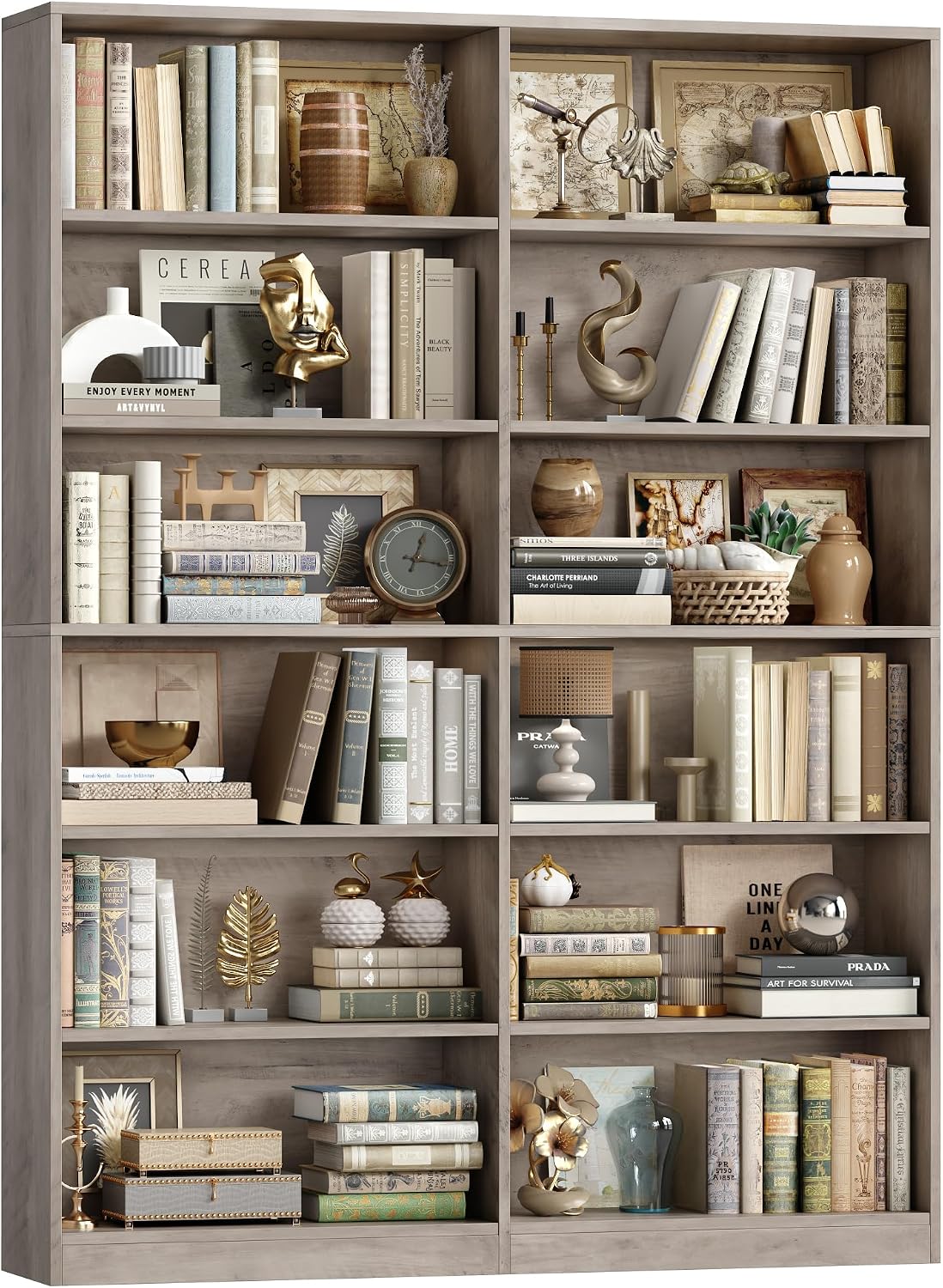 FACBOTALL Bookshelf Tall Bookcase, 6-Tier Double Wide Bookshelves,Wash Grey