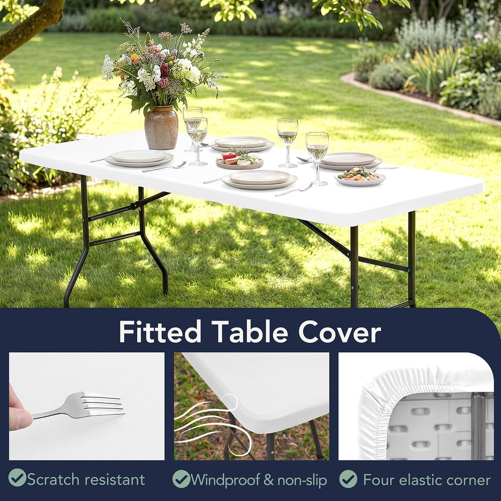 6ft Fitted Tablecloth Rectangle 6-Pack, White Elastic Table Cover