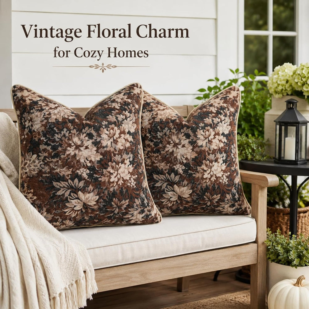 CROWNED BEAUTY Farmhouse Floral Throw Pillow Covers, 24x24, Brown, Set of 2