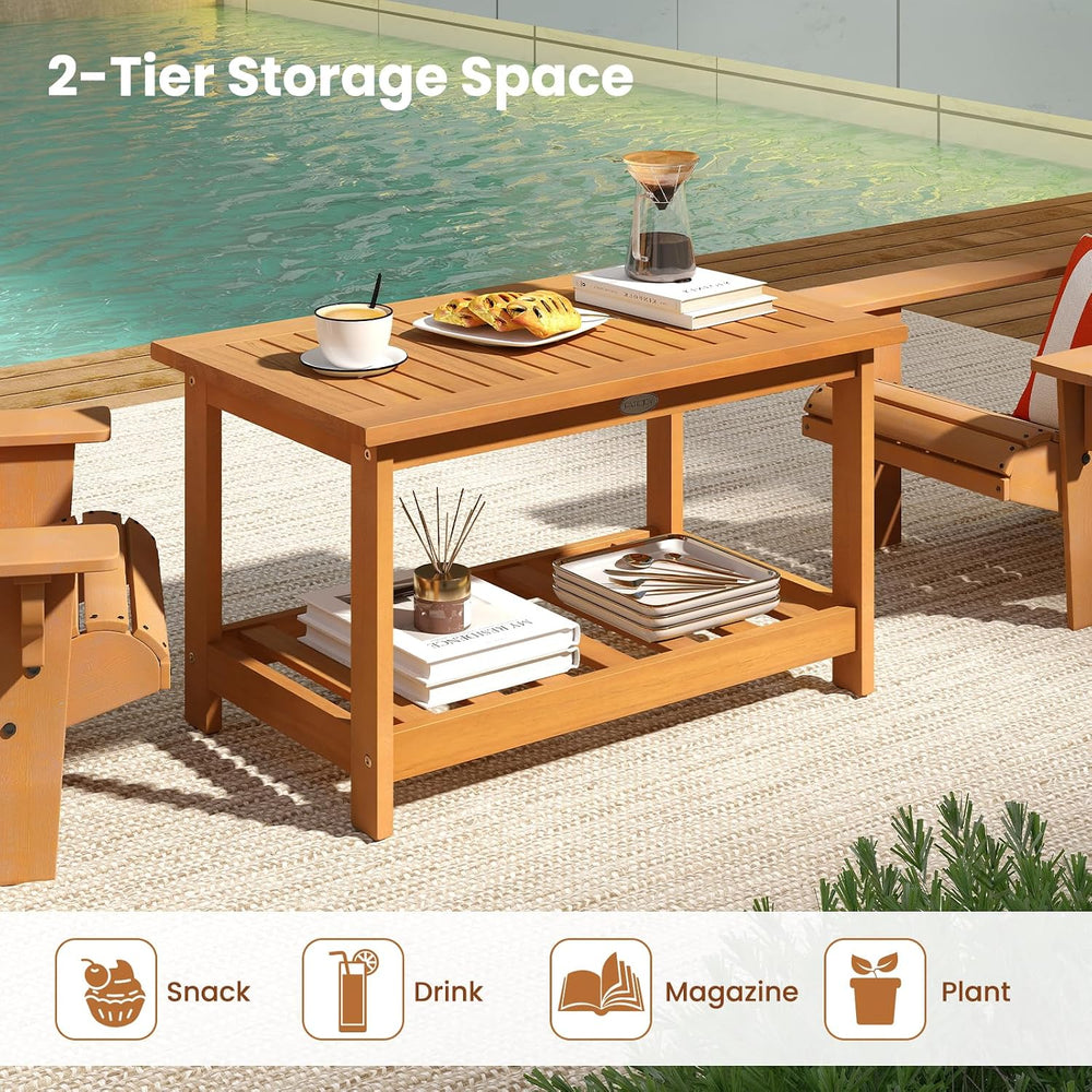 Tangkula Outdoor Acacia Wood Coffee Table, Patio 29.5” Rectangle Slatted 2 Ti...