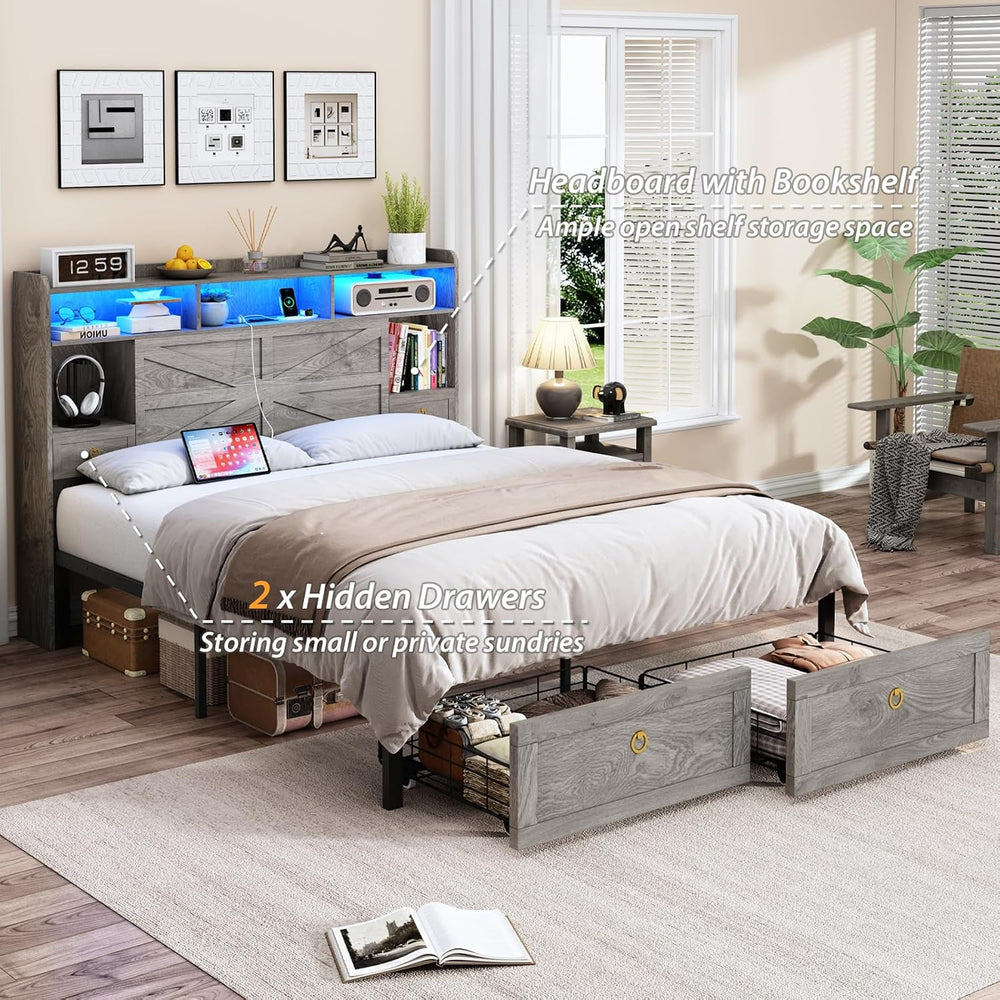 TIGUBFRE Full Bed Frame with Storage Headboard, Farmhouse Wood Bed Frame Full...