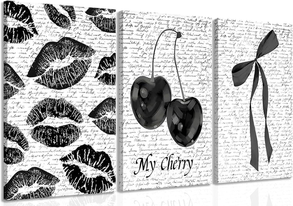 Black And White Canvas Wall Art Set of 3, Fashion Black White Lips And Cherry...