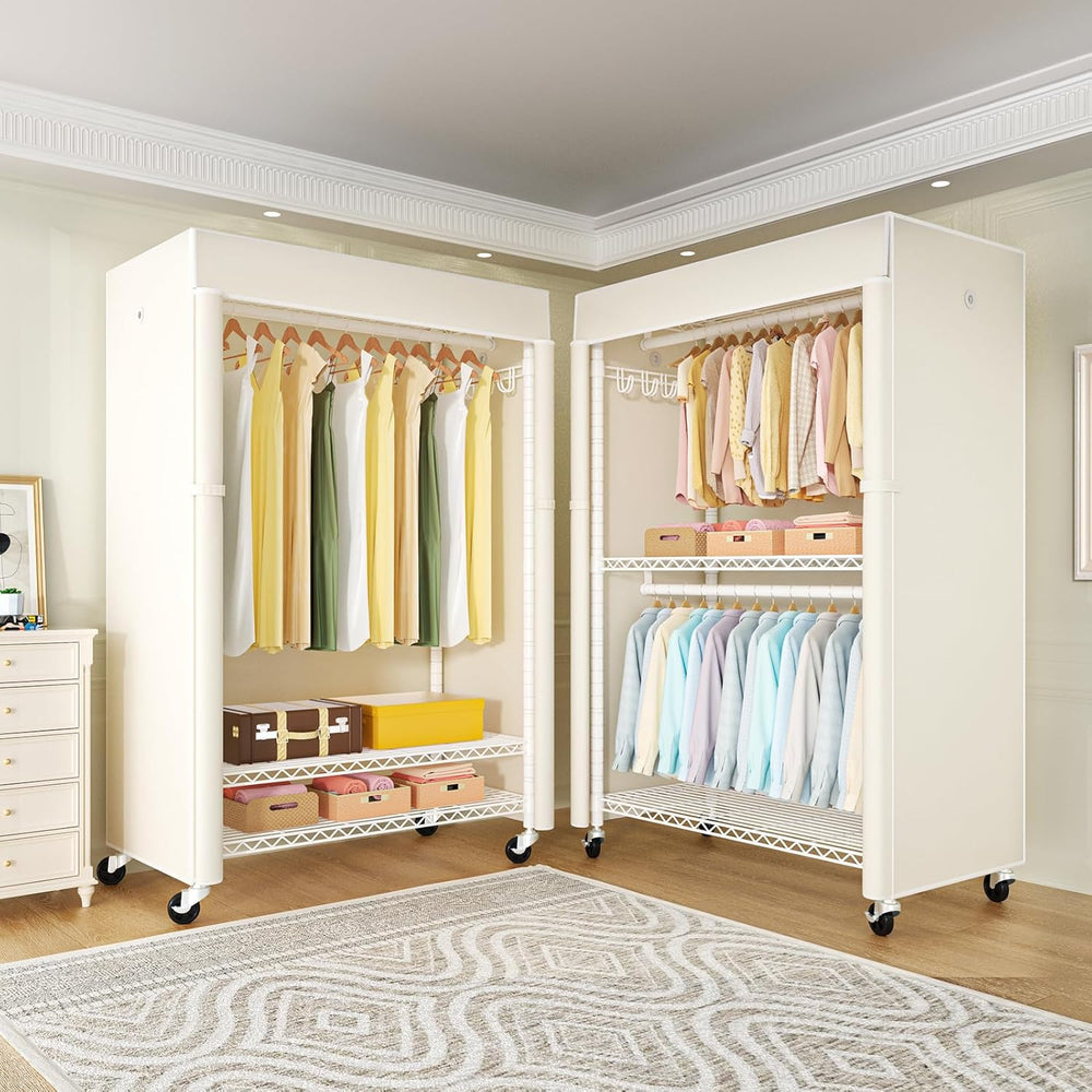 FUTASSI White Clothing Rack with Beige Cover, P1C Plus Rolling Closet