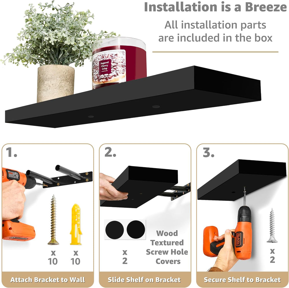 Sorbus Floating Shelves for Wall, Wood Wall Storage (3 Pack, Black)