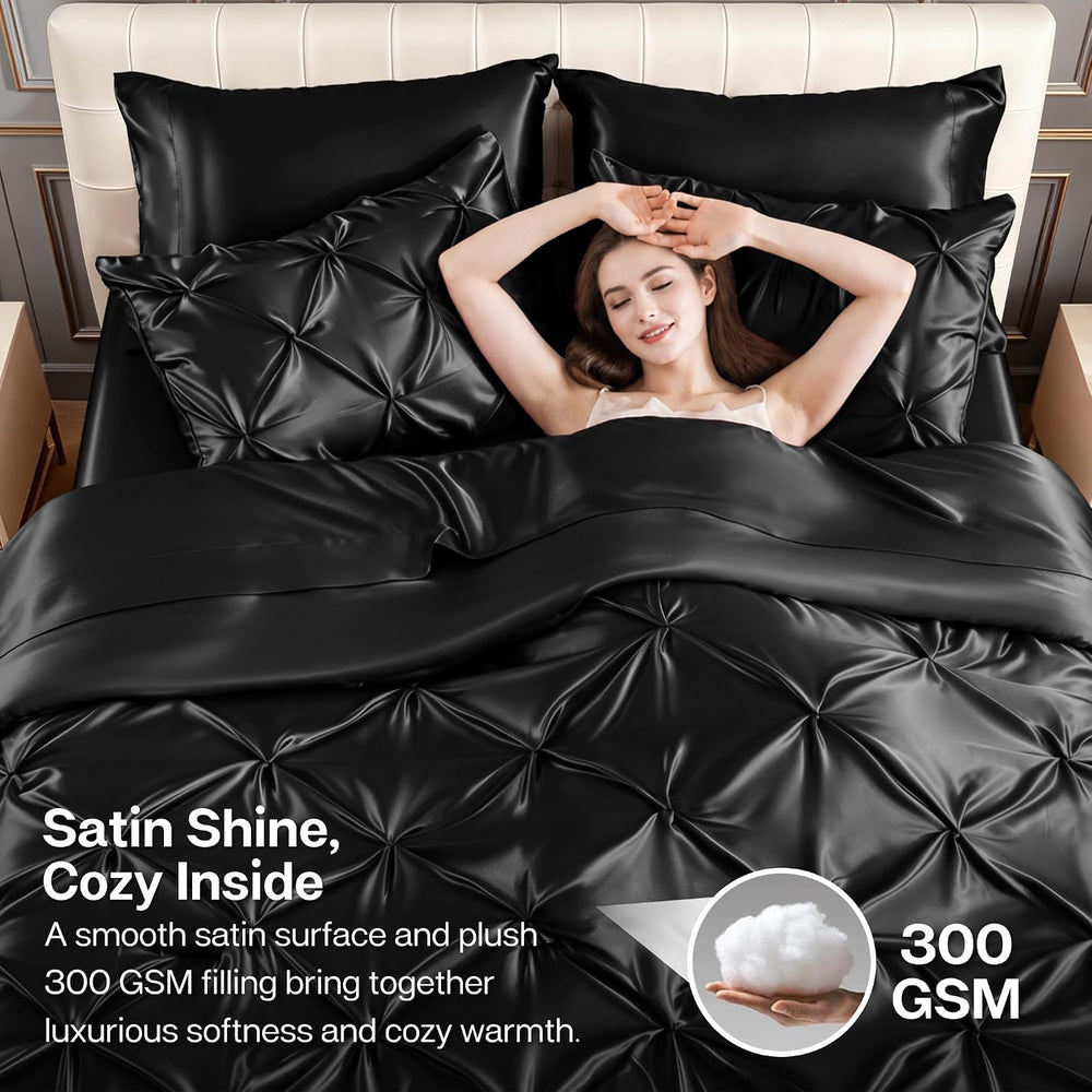 MR&HM Satin Queen Comforter Set Black, 7-Piece Pintuck Bed in A Bag