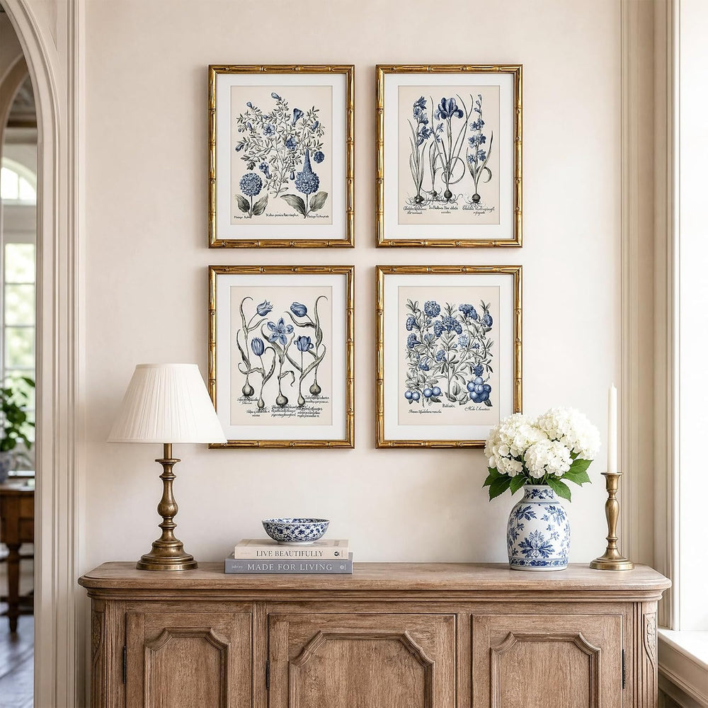 ARPEOTCY Bamboo Framed Botanical Wall Art, 4 Pcs Blue Hydrangea, 11x14inch