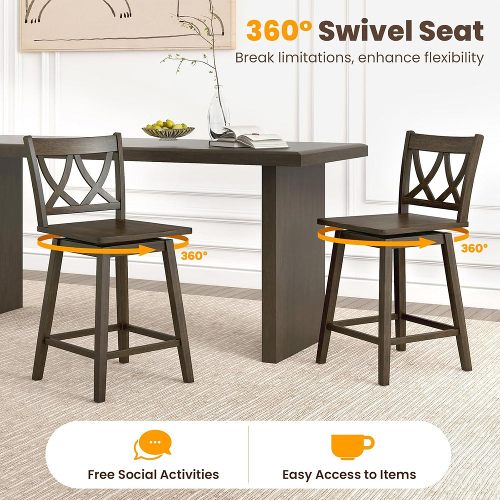 GIANTEX 24" Bar Stools Set of 2, Swivel Wooden Bar Chairs with Rubber Wo...